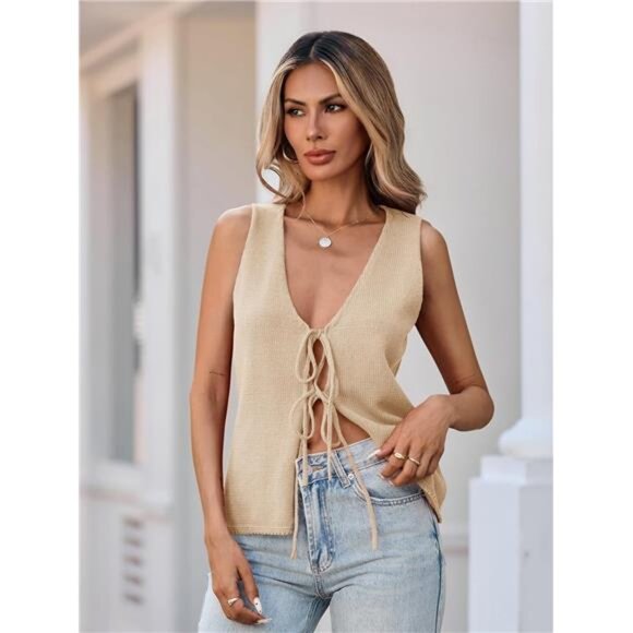 ✨ Tie Front Crochet Knit Sweater Vest – Ribbed Sleeveless Tank Top - Picture 1 of 5